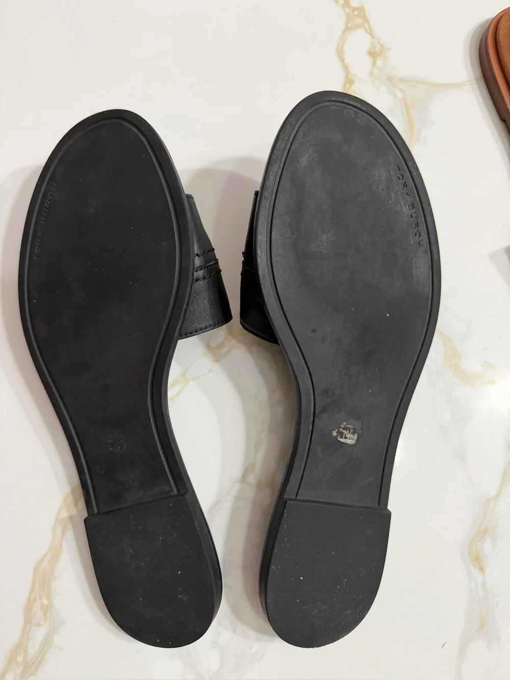 Tory Burch Black Leather Slide Sandals with Gold Logo Emblem
